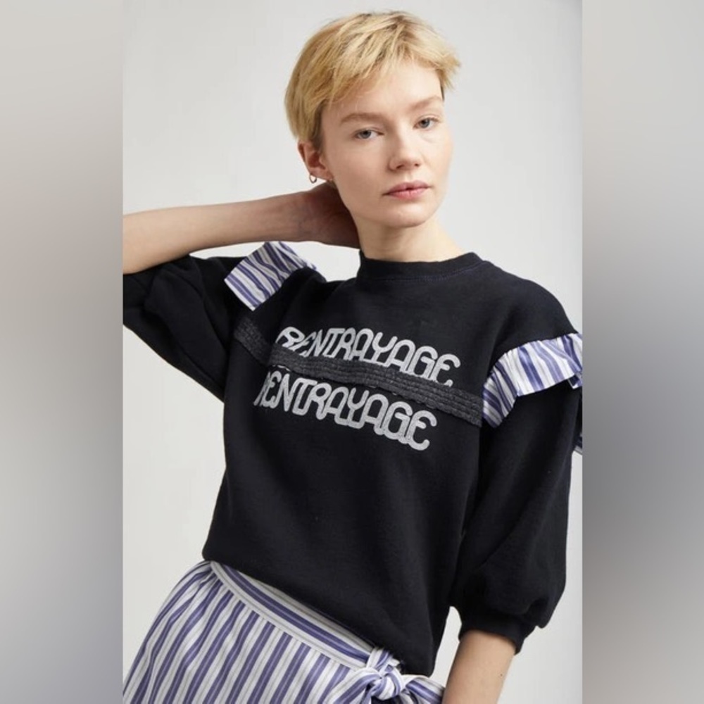 New Rentrayage Logo Graphic Ruffle Sweatshirt In Blue And Black 3/4 Sleeve Sz M